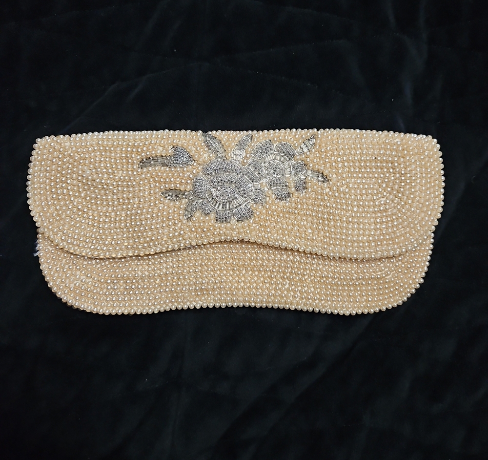 Chic Pearl Beaded Clutch with Silver Accents